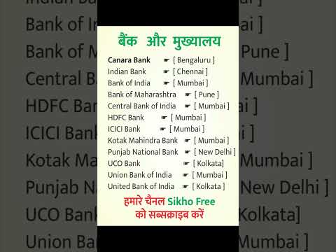 बैंक और मुख्यालय | Bank and headquarters | Baink aur Mukhyaalay Bank Gk Questions 2024