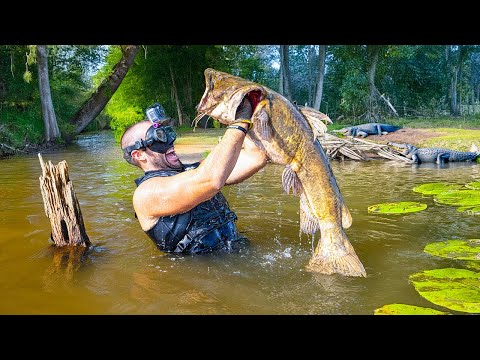 Noodlin' For MONSTER CATFISH With Hands ONLY!! (Scary Catfish Hole)