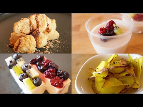 low-sugar healthy sweets recipe / cheese cake / panna cotta / tofu kinako mochi / sweet potato chips