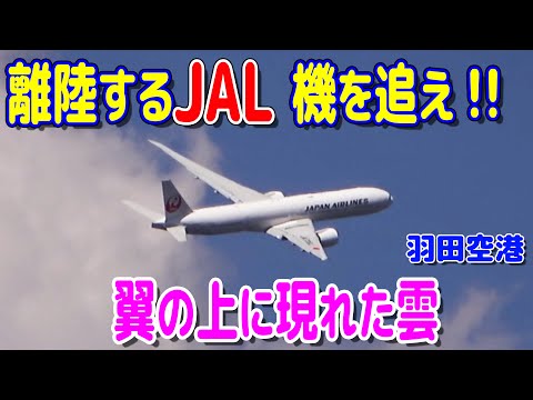 離陸するJAL機を追え!! 翼の上に現れた雲。羽田空港RWY34R