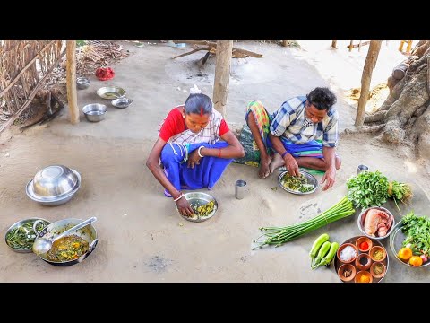 METHI CHICKEN CURRY and ONION LEAVES FRY cooking & eating by santali tribe old couple