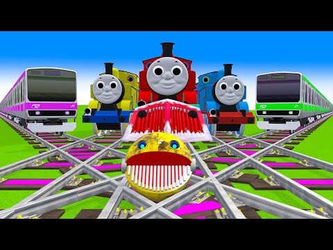 【踏切アニメ】あぶない電車  3 TRAIN Thomas Vs MS PACMAN 🚍 Fumikiri 3D Railroad Crossing Animation #1