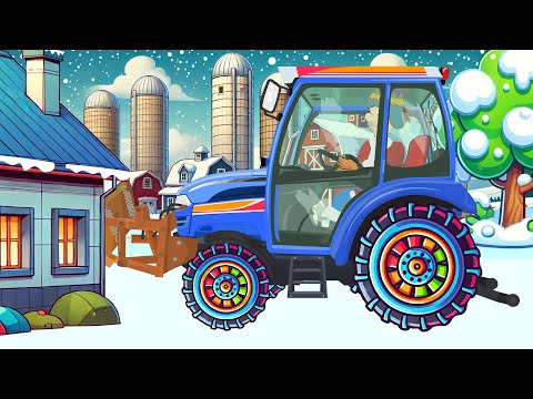 Snowy Farm and Little Blue Tractor in Action - Winter Adventures on the Countryside Yard