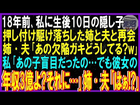 【スカッと話】18年前、私に生後10日の隠し子を押し付け姉と駆け落ちした夫と偶然再会。姉「あの欠陥ガキどうしてる？w」私「あの子盲目だったの…でも彼女の年収3億よそれに…」姉•夫「は！？」