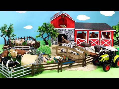 Red Barn Stable and Farmyard Animals - Horses Cattle Sheep Figurines