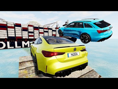 Super Cars VS 4 Cargo Container Ship Jump Parkour Challenge Test   BeamNG Drive #2