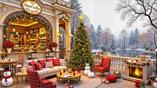 Soothing Winter Jazz Music to Relax ☕ Lakeside Coffee Shop Ambience ~ Scenery of Snow Falling