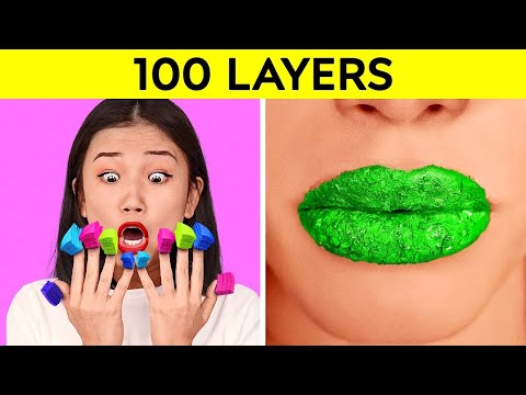 100 LAYERS CHALLENGE || 1000 Coats of Nails, Lipstick, Makeup! DARE GAME by 123 GO!