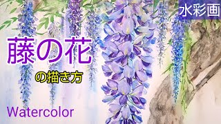 Watercolor painting/How to draw wisteria flowers with transparent watercolor/painting for beginners