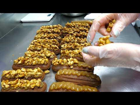 Gold Dusted Chocolate Snickers Eclair | Tangerine Tart | at "Cream Dream" Ukraine Vegan Pastry Cafe