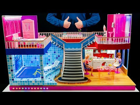 DIY Miniature Doll House Rooms Barbie Crafts  Bedroom and swimming pool backlit, living room.