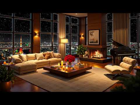 Cozy Apartment in Tokyo ❄ Snowy Night with Smooth Jazz Saxophone & Fireplace Sounds to Deep Sleep