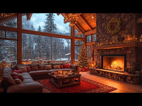 Warm Fireplace Crackling Sounds & Sweet Christmas Jazz Instrumental 🎄 Cozy Christmas Cabin Ambience