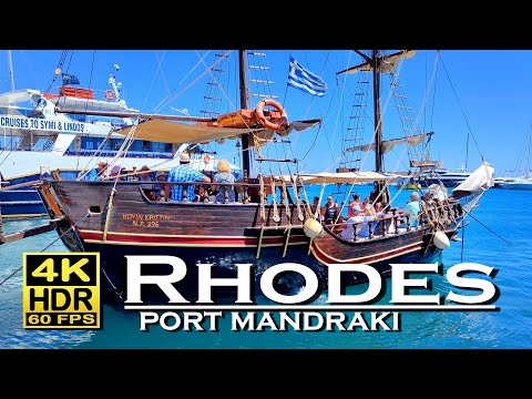 Rhodes Greece , Town, Port Mandraki, Restaurants 4K 60fps HDR (UHD) 💖 The best places 👀 Walking tour