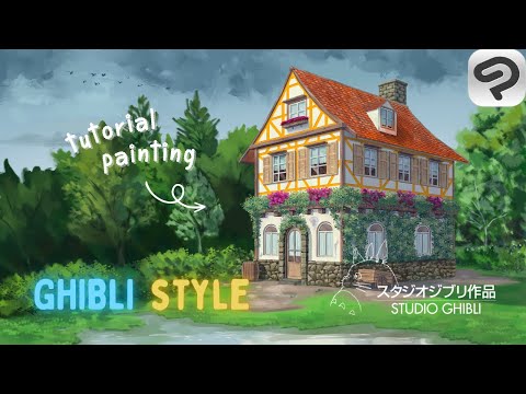 Painting Medieval House Landscape with Ghibli Studio Anime Background Style in Clip Studio Paint