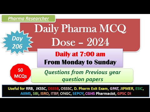 Day 206 Daily Pharma MCQ Dose Series 2024 II 50 MCQs II #exitexam #pharmacist #druginspector #dsssb