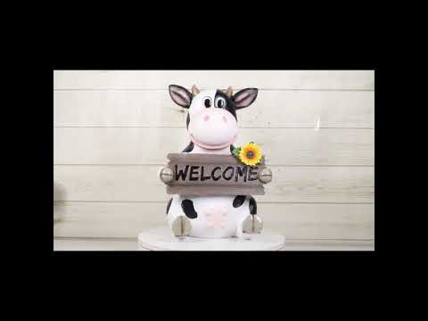 Sunflower Country Side Whimsical Holstein Cow With Welcome Sign Statue 13"Tall