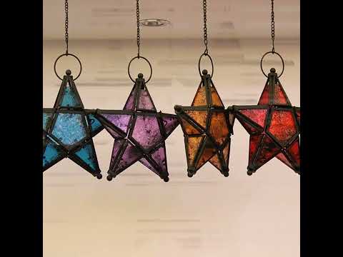 Antique Iron Art Stained Glass Wind Lamp Candle Holder Pentagonal Windproof Candlestick Morocco Can