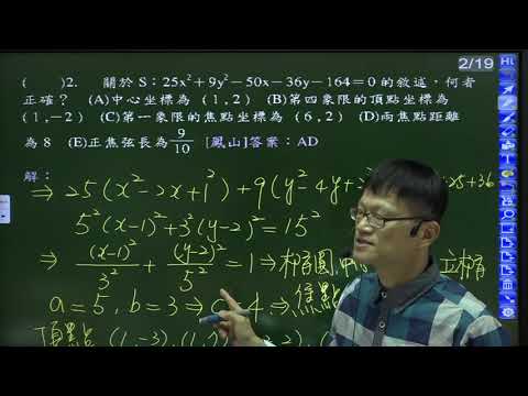 B4--4-2--練習卷--多選2---給定橢圓一般式，求中心、焦點座標、正焦弦長、焦點間距離與頂點座標