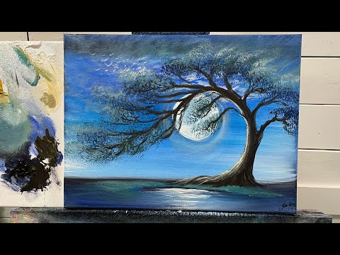 How To Paint Moonlight Over The Pond / Step By Step tutorial For Beginners ~ Acrylic