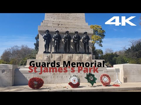 London Walk - St James's Park - Guards War Memorial, Tiffany Fountain - City Walking Tour- 4K Walk