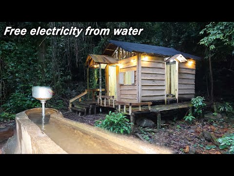 Build free hydroelectricity for wooden cabin in the forest in 5 minutes | Living off grid in forest