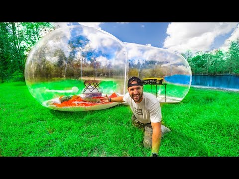 24hr Inflatable BUBBLE Tent SWAMP Camping Challenge!! (Lightning Storm)