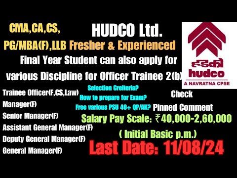 Latest #govt #psu #job #2024 HUDCO Ltd Recruitment 2024 Freshers Job CMA CA CS PG MBA Finance HR LLB