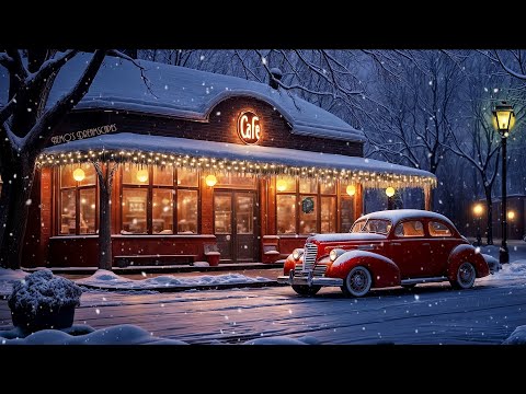 Snowy evening with Vintage Winter oldies playing in a Coffee Shop ~ Snowfall Ambience ASMR