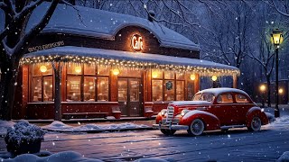 Snowy evening with Vintage Winter oldies playing in a Coffee Shop ~ Snowfall Ambience ASMR