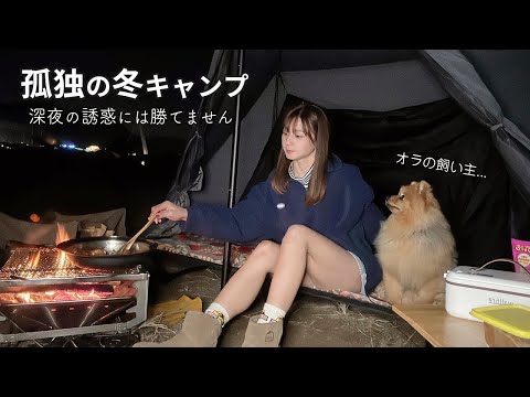 Winter camping is relaxing with a bonfire and a hot pot. woman and dog tent camping