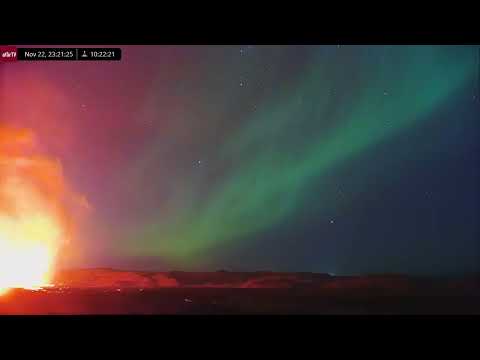 Nov 22, 2024:  Volcanic Eruption  and Aurora Borealis Over Iceland