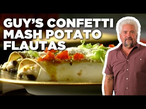 Guy Fieri's Confetti Mash Potato Flautas with Hot Tomatillo Sauce | Guy’s Big Bite | Food Network