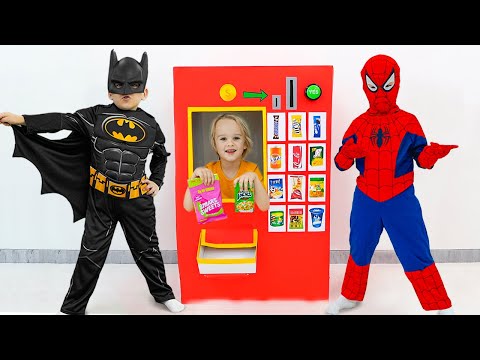 Chris and superheroes vending machine kids toy story