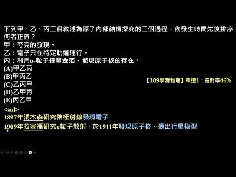 【109學測物理】1單選：原子發展過程