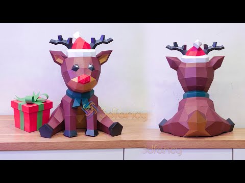 Diy 3D Papercraft Reindeer Sitting Christmas - Rudolph Paper Craft PDF, SVG Template | Step by Step