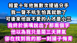 相愛十年他無數次提過分手，我一聲不吭生怕真就散了，可後來他說不愛的人才是小三，我終於張嘴說出了那兩個字，他以為我只是鬧三天脾氣，卻在找到我的那一刻腸子悔青#追妻火葬場#大女主#現實情感#家庭