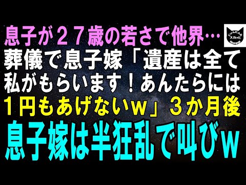 【スカッとする話】息子が27歳の若さで他界した直後、息子嫁「遺産は全て私がもらう！あんたらには１円もあげないｗ」3カ月後、息子嫁は半狂乱で叫びまわり…ｗ【修羅場】