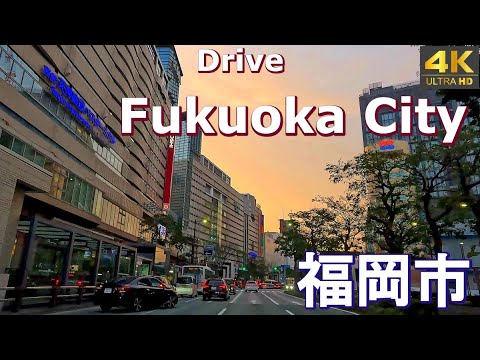 4K drive front car window video - Fukuokai City,  Japan (At dusk)