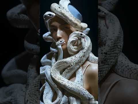 "Unreal fashion moment! A model struts down the runway in a dress made entirely of live white snakes