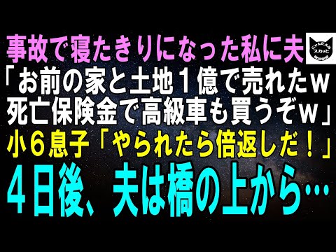 【スカッとする話】事故で寝たきりになった私に夫「お前の実家と土地１億で売れたわｗあとは保険金で高級車買うかなｗ」小６息子「やられたら倍返しだ！」４日後、夫は橋の上から…【修羅場】