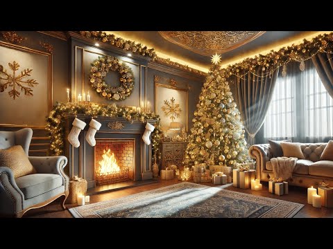 Gold & Silver Christmas Ambience with Music Burning Fireplace / Sparkling Christmas Tree ￼