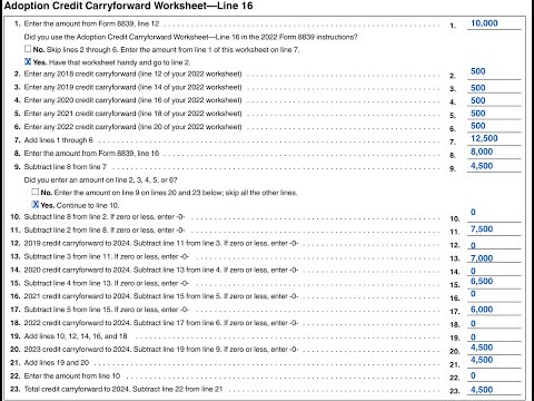 Adoption Credit Carryforward Worksheet Walkthrough (IRS Form 8839 - Line 16)