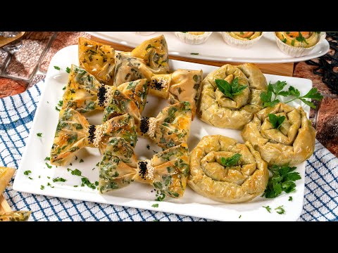 Bowties and snails made of phyllo dough. Puff pastry roses. Fancy snacks for a party at home