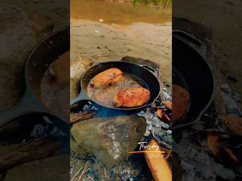 Chicken spicy chest pieces fry in hill’s #forestcamping #woodstove #hill #cookyourself #stove #asmr