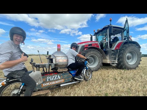 Mobile pizza oven takeaway delivered to a farmer in a field. (Behind the scenes)