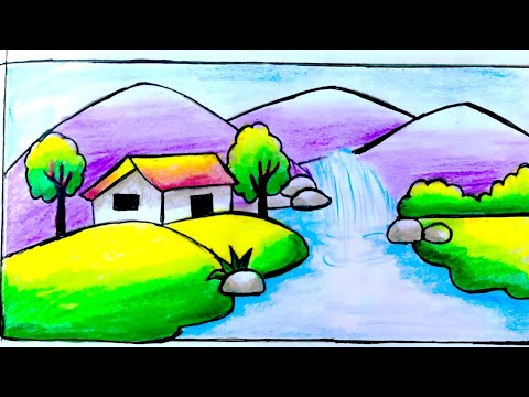 How to draw scenery easy step by step for beginners| Drawing with colour