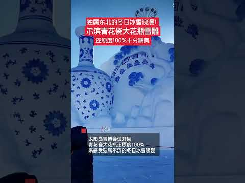 12月23日，黑龍江哈爾濱。太陽島雪博會試開園，青花瓷大花瓶還原度100%。不愧是哈爾濱，一起來感受獨屬爾濱的冬日冰雪浪漫。#太陽島 #青花瓷 #雪博會