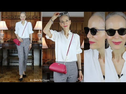 Timeless Style: Ferragamo Gancini Mini Crossbody, Ruffle Neck Blouse, Gingham Pants /Classic Fashion