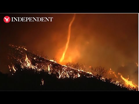 Fire tornado forms as wind whips up flames in California wildfires